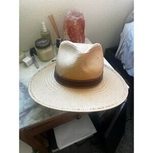 Janessa Leoné Leah Straw Fedora in Sand w/ Brown Leather